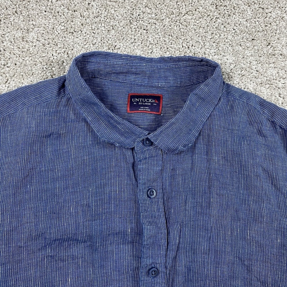 Untuckit Shirt Men's 2XL Button Up Blue 100% Linen Short Sleeve Heathered